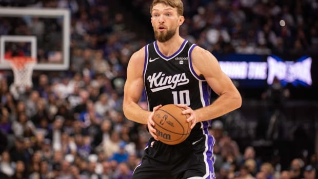 Feb 22, 2024; Sacramento, California, USA; Sacramento Kings forward Domantas Sabonis (10) controls the ball during the second quarter at Golden 1 Center. Mandatory Credit: Ed Szczepanski-USA TODAY Sports 