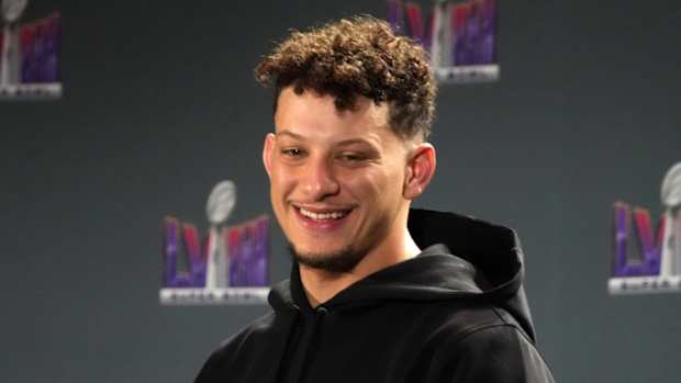 Chiefs quarterback Patrick Mahomes speaks to media after winning Super Bowl LVIII.