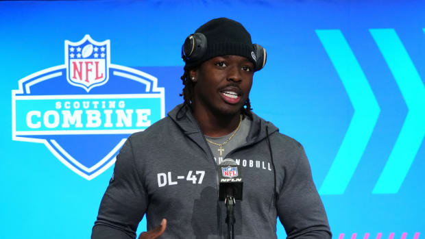 Feb 28, 2024; Indianapolis, IN, USA; Troy defensive lineman Javon Solomon (DL47) speaks at a press conference at the NFL Scouting Combine at Indiana Convention Center.