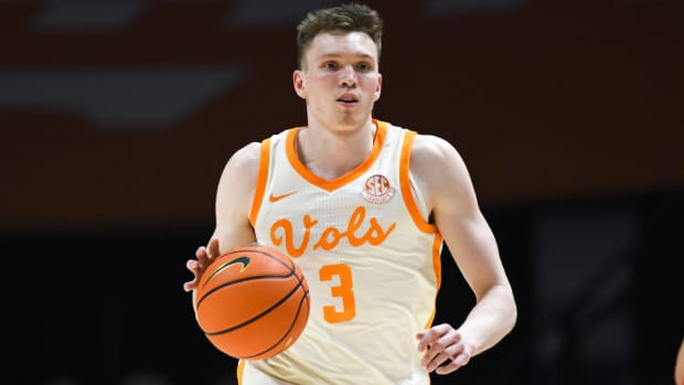 Tennessee guard Dalton Knecht (3) dribbles the ball during a NCAA game at Thompson-Boling Arena at Food City Center in Knoxville, Wednesday, Feb. 28, 2024.