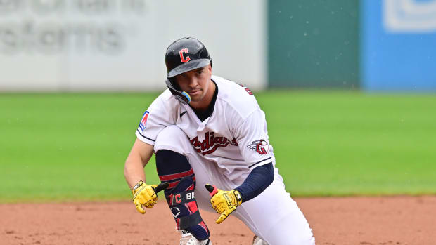 Sep 6, 2023; Cleveland, Ohio, USA; Cleveland Guardians left fielder Will Brennan (17) celebrates after hitting an RBI double during the fourth inning against the Minnesota Twins at Progressive Field.