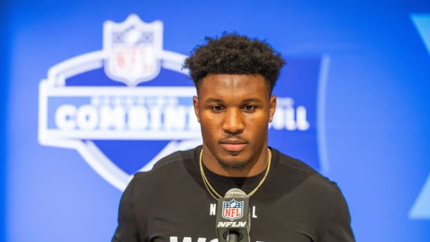 VIRGINIA wide receiver Malik Washington (WO33) talks to the media during the 2024 NFL Combine at Lucas Oil Stadium.