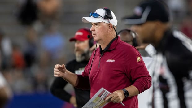 Apr 23, 2022; Birmingham, AL, USA; Birmingham Stallions head coach Skip Holtz during the first half against the Houston Gamblers at Protective Stadium. Mandatory Credit: Vasha Hunt-USA TODAY Sports  