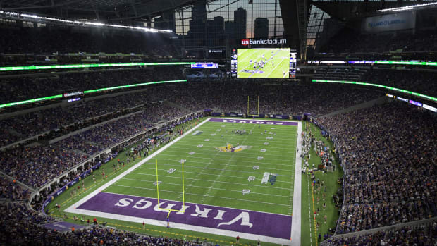 Sep 1, 2016; Minneapolis, MN, USA; General view of U.S. Bank Stadium with Minneapolis downtown skyline as backdrop during a NFL game between the Los Angeles Rams and the Minnesota Vikings.