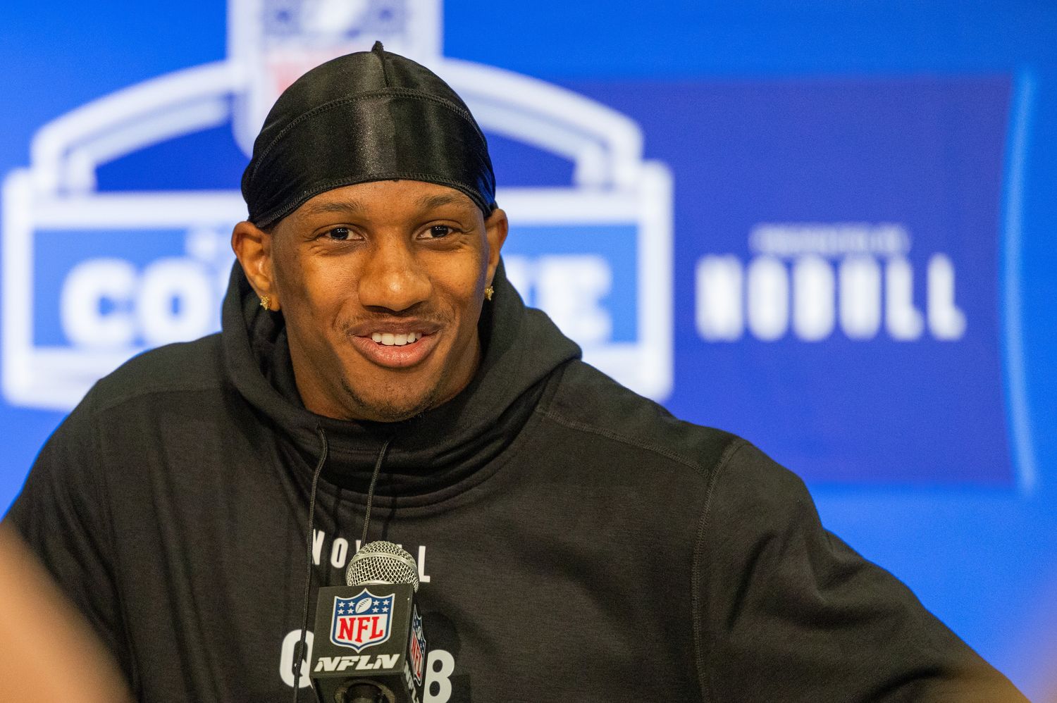 Mar 1, 2024; Indianapolis, IN, USA; Washington quarterback Michael Penix (QB08) talks to the media during the 2024 NFL Combine at Lucas Oil Stadium. Mandatory Credit: Trevor Ruszkowski-USA TODAY Sports