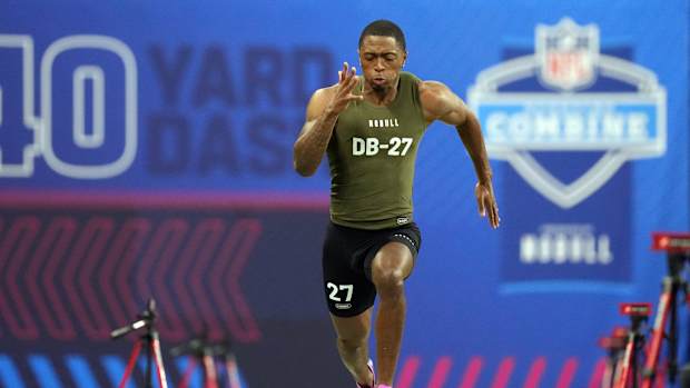 Mar 1, 2024; Indianapolis, IN, USA; Toledo defensive back Quinyon Mitchell (DB27) works out during the 2024 NFL Combine at Lucas Oil Stadium.