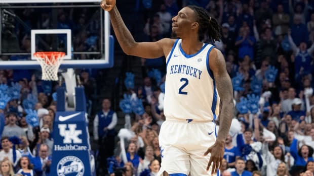 Kentucky Wildcats forward Aaron Bradshaw (2) celebrates his three pointer during their game against the Arkansas Razorbacks on Saturday, March 2, 2024 at Rupp Arena.
