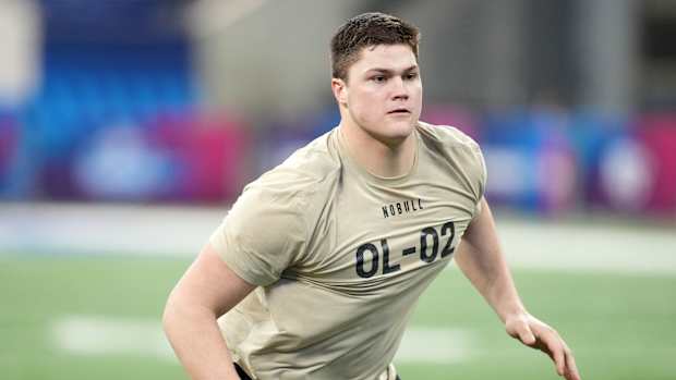 Notre Dame offensive lineman Joe Alt (OL02) during the 2024 NFL Combine at Lucas Oil Stadium.