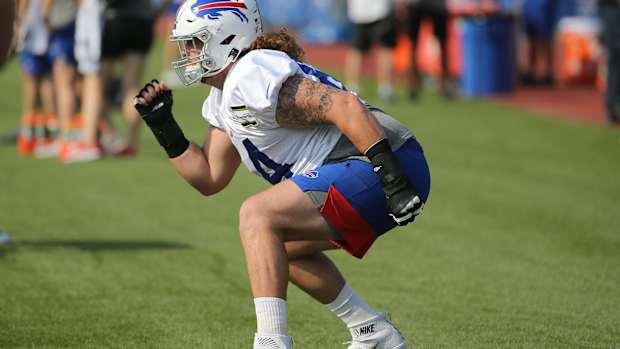 Offensive lineman Garrett McGhin works on technique. Jg 072619 Bills 15  
