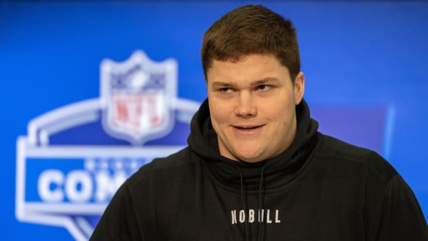 Notre Dame offensive lineman Joe Alt (OL02) talks to the media during the 2024 NFL Combine at Lucas Oil Stadium.