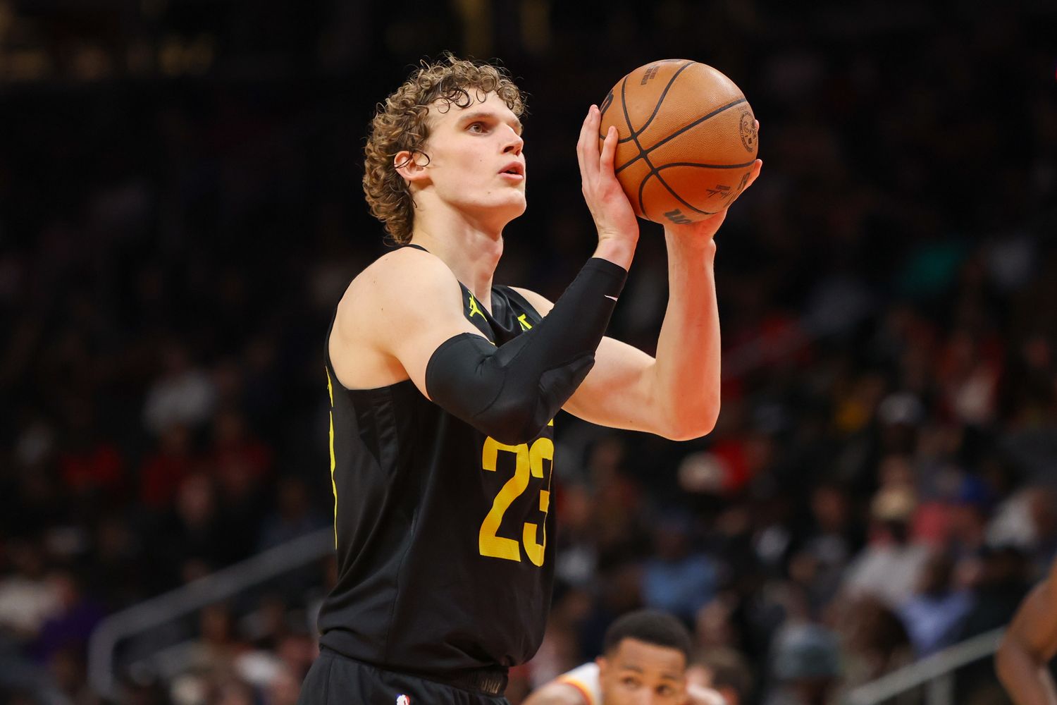Feb 27, 2024; Atlanta, Georgia, USA; Utah Jazz forward Lauri Markkanen (23) shoots a free throw against the Atlanta Hawks in the second half at State Farm Arena. Mandatory Credit: Brett Davis-USA TODAY Sports