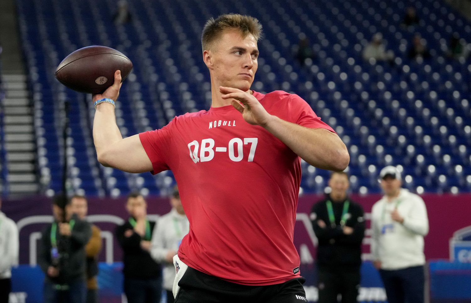 Mar 2, 2024; Indianapolis, IN, USA; Oregon quarterback Bo Nix (QB07) during the 2024 NFL Combine at Lucas Oil Stadium. Mandatory Credit: Kirby Lee-USA TODAY Sports