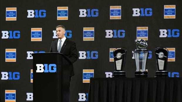 Big Ten commissioner Tony Petitti speaks to the media during Big 10 football media days at Lucas Oil Stadium.