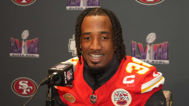 Feb 7, 2024; Las Vegas, NV, USA; Kansas City Chiefs cornerback L'Jarius Sneed (38) during a press conference before Super Bowl LVIII at Westin Lake Las Vegas Resort and Spa. Mandatory Credit: Kirby Lee-USA TODAY Sports  