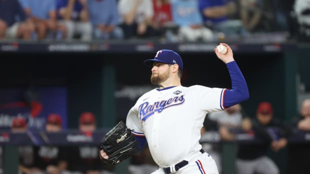 Oct 28, 2023; Arlington, TX, USA; Texas Rangers starting pitcher Jordan Montgomery (52) throws a pitch in the first inning against the Arizona Diamondbacks in game two of the 2023 World Series at Globe Life Field. Mandatory Credit: Kevin Jairaj-USA TODAY Sports