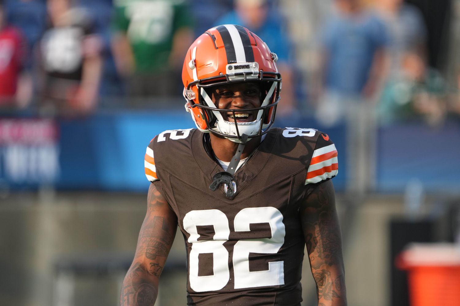 Aug 3, 2023; Canton, Ohio, USA; Cleveland Browns wide receiver Mike Harley Jr. (82) reacts during the first half against the New York Jets at Tom Benson Hall of Fame Stadium. Mandatory Credit: Kirby Lee-USA TODAY Sports