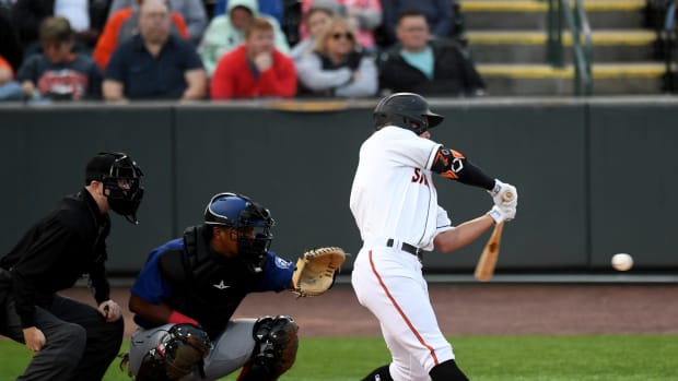 Shorebirds' Jackson Holliday (7) makes contact against the Cannon Ballers Tuesday, April 11, 2023, at Perdue Stadium in Salisbury, Maryland. The Shorebirds defeated the Cannon Ballers 7-2. Bbm Delmarva Shorebirds Kannapolis Cannon Ballers