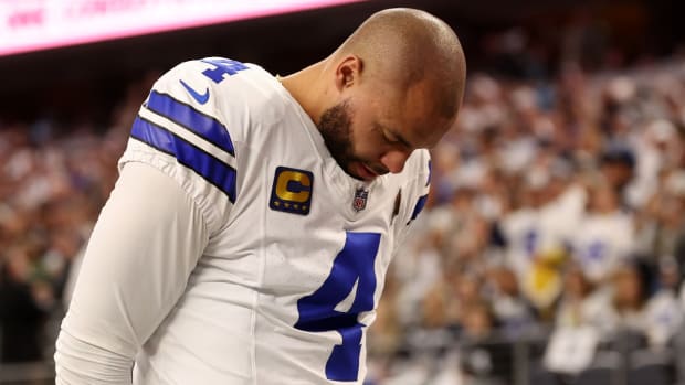 Jan 14, 2024; Arlington, Texas, USA; Dallas Cowboys quarterback Dak Prescott (4) before the 2024 NFC wild card game against the Green Bay Packers at AT&T Stadium.