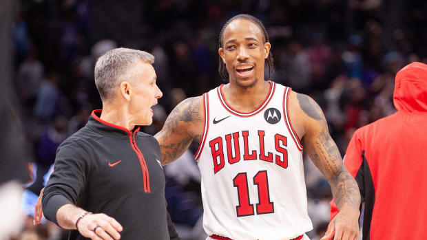  Chicago Bulls forward DeMar DeRozan (11) and head coach Billy Donovan walk off the court after defeating the Sacramento Kings at Golden 1 Center.