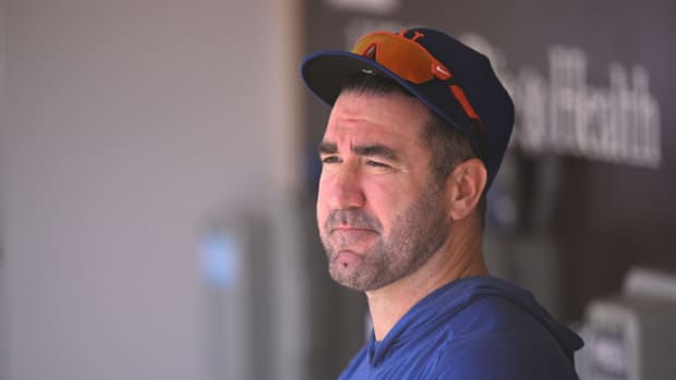 Jul 9, 2023; San Diego, California, USA; (Editors Notes: Caption Correction) New York Mets starting pitcher Justin Verlander (35) looks on before the game against the San Diego Padres at Petco Park. Mandatory Credit: Orlando Ramirez-USA TODAY Sports