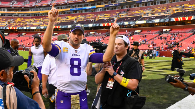 Nov 6, 2022; Landover, Maryland, USA; Minnesota Vikings quarterback Kirk Cousins (8) walks off the field against the Washington Commanders during the second half at FedExField.