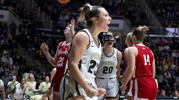 Purdue senior Abbey Ellis celebrates scoring while getting fouled against Nebraska at Mackey Arena on Saturday, Feb. 17, 2024.