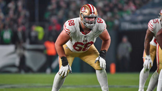 Dec 3, 2023; Philadelphia, Pennsylvania, USA; San Francisco 49ers offensive tackle Colton McKivitz (68) against the Philadelphia Eagles at Lincoln Financial Field. Mandatory Credit: Eric Hartline-USA TODAY Sports  