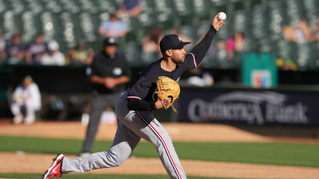 Jul 15, 2023; Oakland, California, USA; Minnesota Twins relief pitcher Jovani Moran (71) throws against the Oakland Athletics during the sixth inning at Oakland-Alameda County Coliseum.