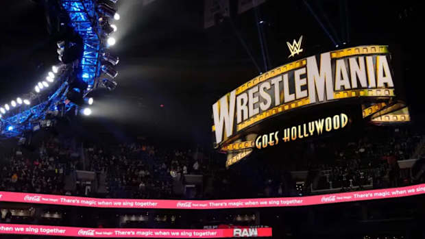 A look at the sign for WrestleMania 39.