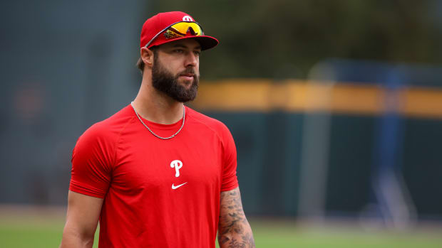Oct 6, 2023; Atlanta, GA, USA; Philadelphia Phillies third baseman Weston Wilson (37) during a workout before the NLDS against the Atlanta Braves at Truist Park. Mandatory Credit: Brett Davis-USA TODAY Sports