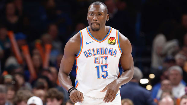 Bismack Biyombo stands on the court during a game against the Wizards.