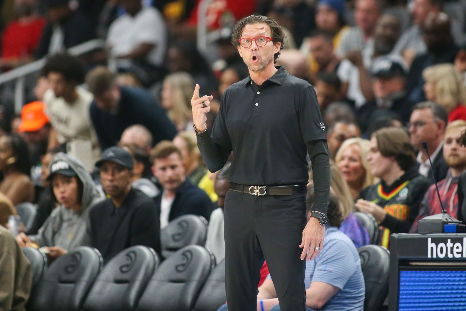 Mar 6, 2024; Atlanta, Georgia, USA; Atlanta Hawks head coach Quin Snyder on the sideline against the Cleveland Cavaliers in the second quarter at State Farm Arena. Mandatory Credit: Brett Davis-USA TODAY Sports