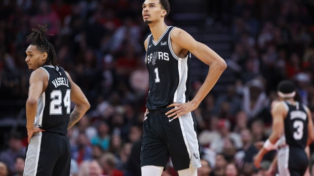 Mar 5, 2024; Houston, Texas, USA; San Antonio Spurs center Victor Wembanyama (1) reacts after a play during the fourth quarter against the Houston Rockets at Toyota Center. Mandatory Credit: Troy Taormina-USA TODAY Sports