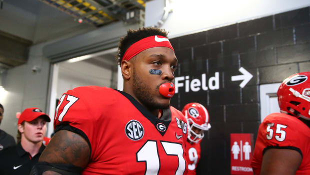 Jan 8, 2018; Atlanta, GA, USA; Georgia Bulldogs linebacker Davin Bellamy (17) against the Alabama Crimson Tide during the CFP National Championship at Mercedes-Benz Stadium.