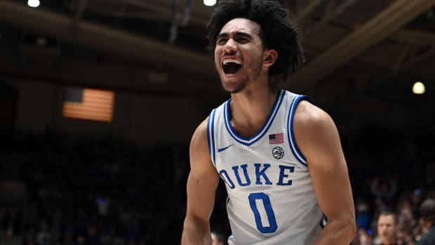 Jan 13, 2024; Durham, North Carolina, USA; Duke Blue Devils guard Jared McCain (0) reacts during the second half against the Georgia Tech Yellow Jackets at Cameron Indoor Stadium. The Blue Devils won 84-79.