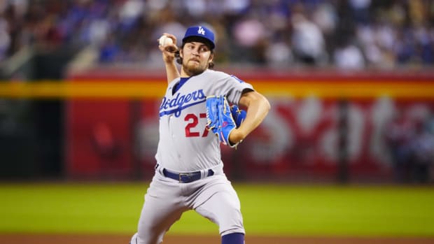 Jun 18, 2021; Phoenix, Arizona, USA; Los Angeles Dodgers pitcher Trevor Bauer against the Arizona Diamondbacks at Chase Field.