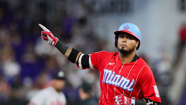 Sep 16, 2023; Miami, Florida, USA; Miami Marlins second baseman Luis Arraez (3) circles the bases after hitting a home run against the Atlanta Braves during the first inning at loanDepot Park.