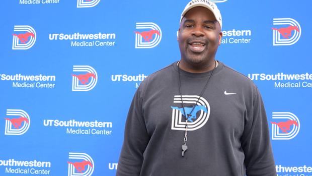 SMU DL Coach Calvin Thibodeaux after Wednesday's Practice