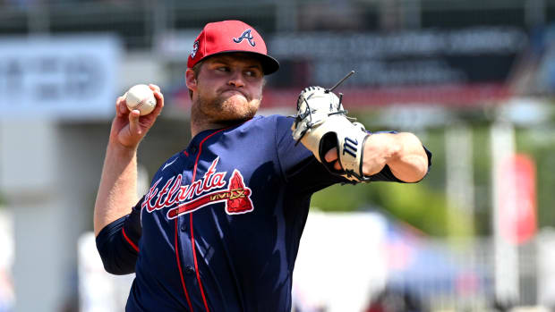 Mar 7, 2024; Fort Myers, Florida, USA; Atlanta Braves pitcher Bryce Elder (55) throws a pitch in the first inning of the spring training game against the Boston Red Sox at JetBlue Park at Fenway South.