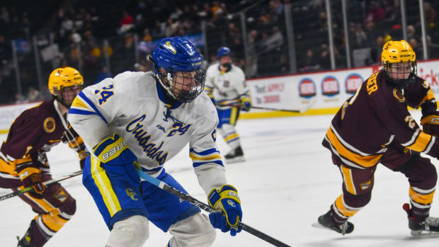 St. Cloud Cathedral boys hockey junior Joey Gillespie plays March 6 in the 2024 Class 1A state tournament against Northfield at the Xcel Energy Center in St. Paul.