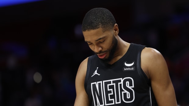 Brooklyn Nets forward Mikal Bridges (1) walks off the court aft against the Detroit Pistons 