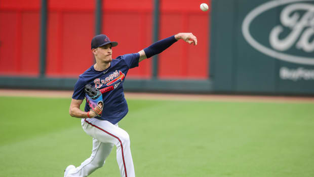 Oct 6, 2023; Atlanta, GA, USA; Atlanta Braves starting pitcher Max Fried (54) throws during a workout before the NLDS against the Philadelphia Phillies at Truist Park.