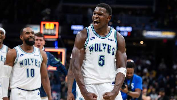 Mar 7, 2024; Indianapolis, Indiana, USA; Minnesota Timberwolves guard Anthony Edwards (5) celebrates the win over Indiana Pacers at Gainbridge Fieldhouse.