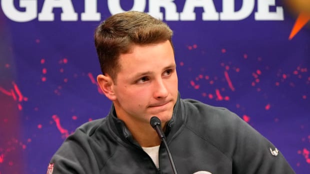 Feb 5, 2024; Las Vegas, NV, USA; San Francisco 49ers quarterback Brock Purdy (13) talks to the media during Super Bowl LVIII Opening Night at Allegiant Stadium. Mandatory Credit: Lucas Peltier-USA TODAY Sports  
