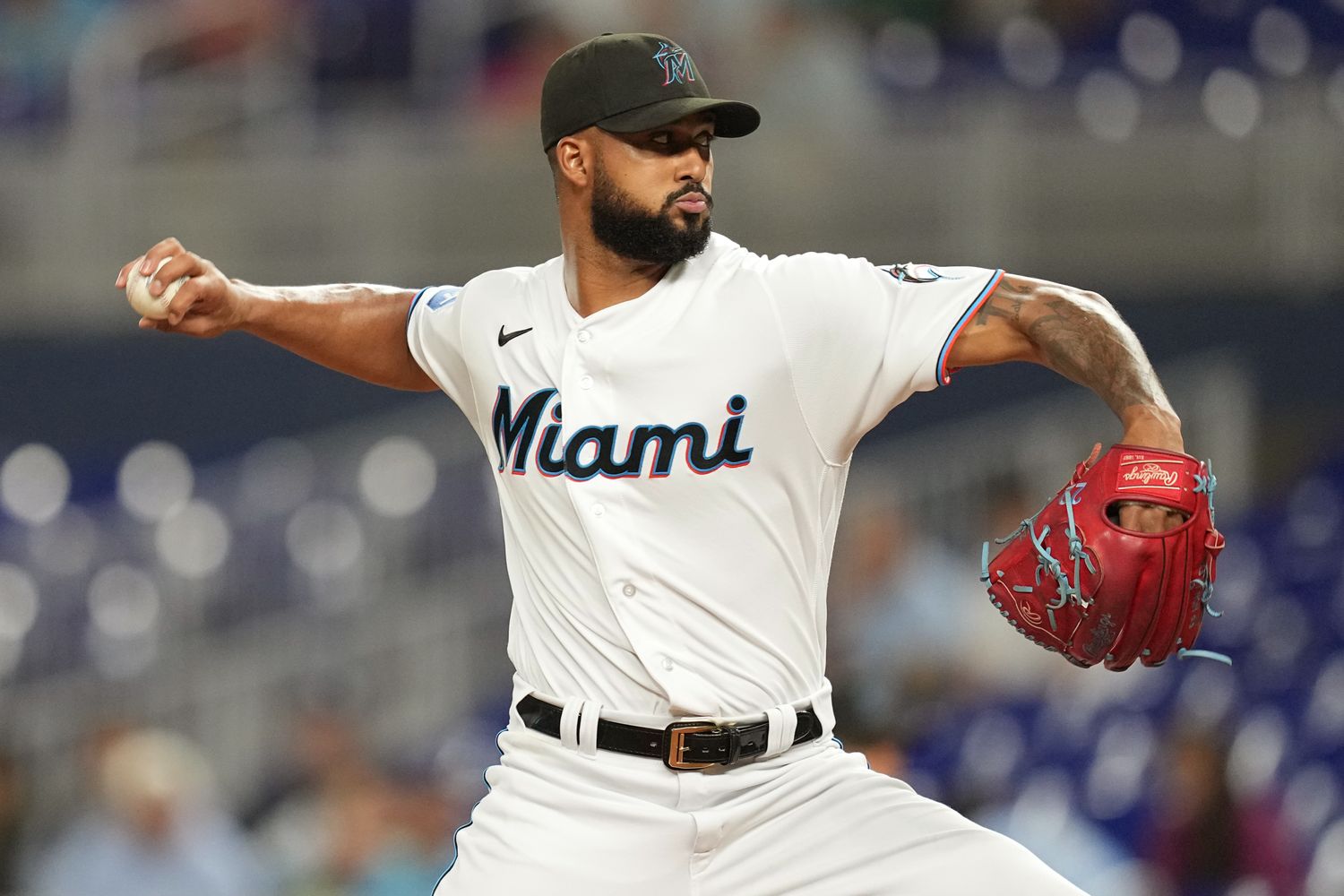 Aug 29, 2023; Miami, Florida, USA; Miami Marlins starting pitcher Sandy Alcantara (22) pitches against the Tampa Bay Rays in the first inning at loanDepot Park.