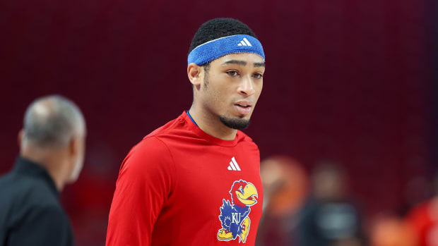 Mar 9, 2024; Houston, Texas, USA; Kansas Jayhawks guard Dajuan Harris Jr. (3) before the game against the Houston Cougars at Fertitta Center. Mandatory Credit: Troy Taormina-USA TODAY Sports  