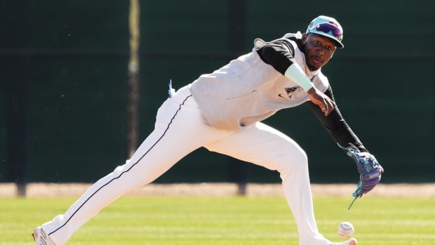 Arizona Diamondbacks shortstop Geraldo Perdomo during spring training workouts at Salt River Fields at Talking Stick near Scottsdale on Feb. 19, 2024. Mandatory Credit © Rob Schumacher/The Republic / USA TODAY NETWORK