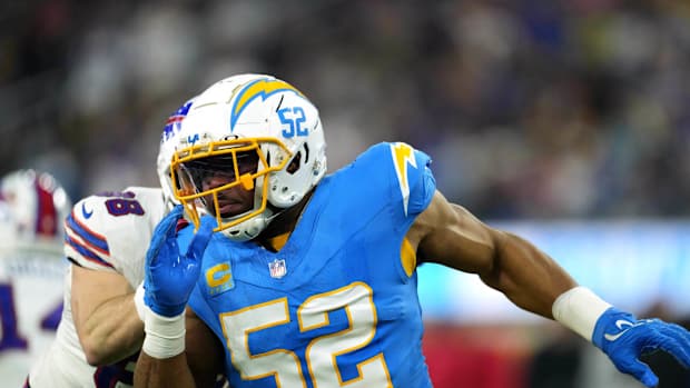 Dec 23, 2023; Inglewood, California, USA; Los Angeles Chargers linebacker Khalil Mack (52) rushes against the Buffalo Bills in the second half at SoFi Stadium. Mandatory Credit: Kirby Lee-USA TODAY Sports  