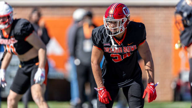 Jan 31, 2024; Mobile, AL, USA; National defensive back Sione Vaki of Utah (34) practices on special teams during practice for the National team at Hancock Whitney Stadium.
