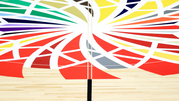 A view of the Big Ten Conference Tournament logo at center court during the game between the Minnesota Golden Gophers and the Northwestern Wildcats at Lucas Oil Stadium.